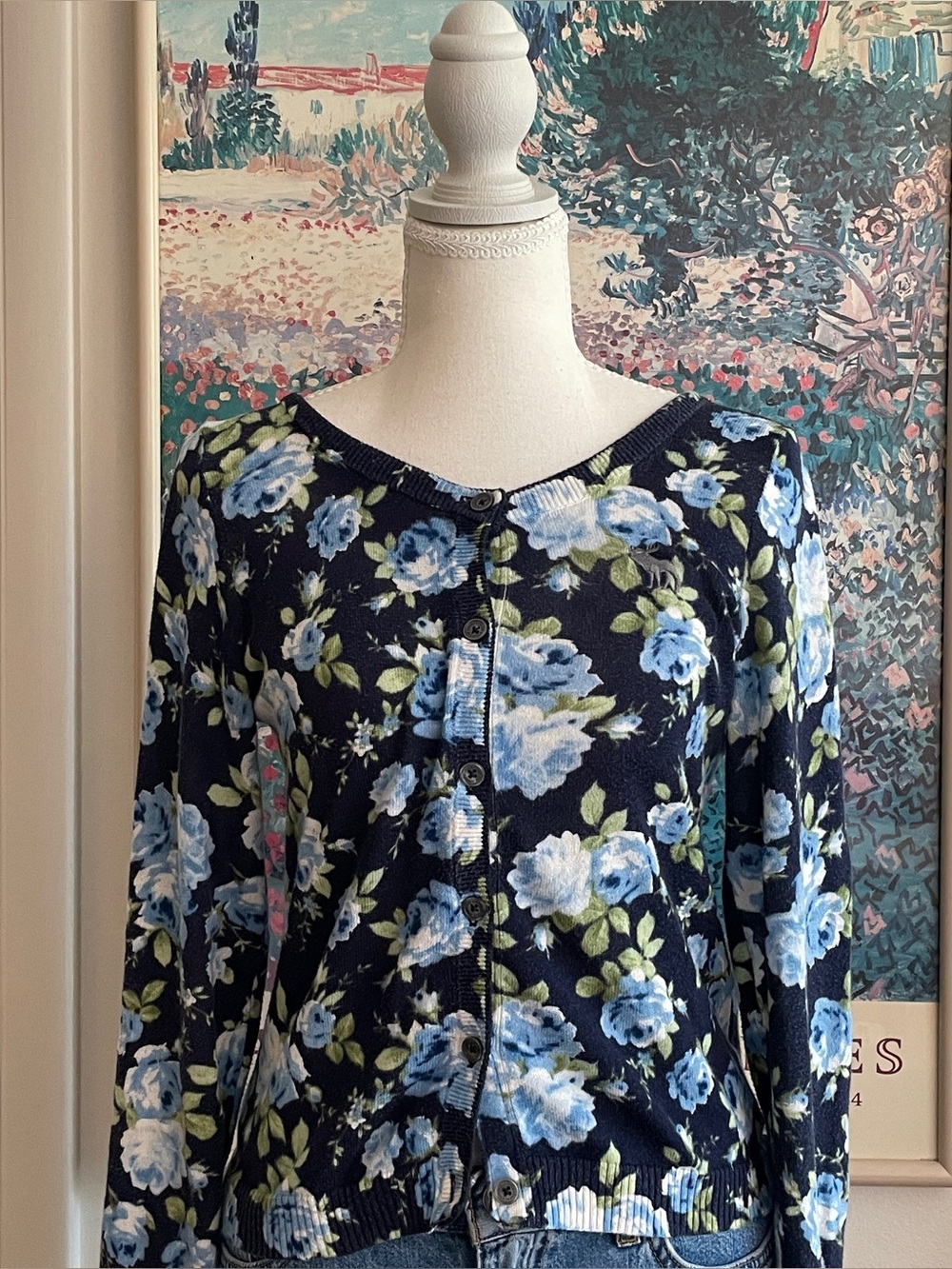 Vintage Abercrombie Fitch Floral Cardigan Sz S Navy Rose Print Button Down Y2K